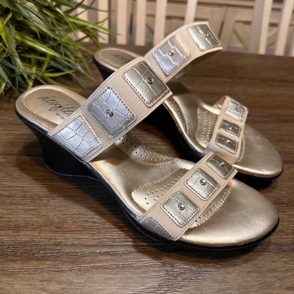 DexFlex by Dexter‎ Women's Gold Wedge Sandals Size 10 Slip On Comfort Shoes